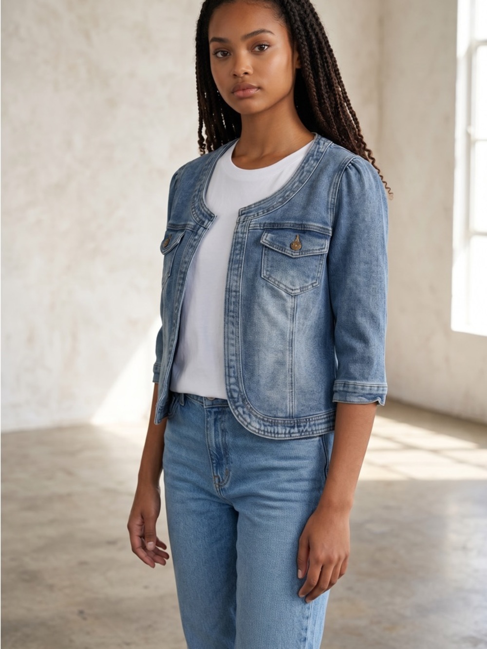 Inspire Chic Light Wash Denim Jacket - Blue- Medium